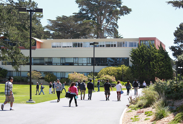 Image of SF State students walking down campus path